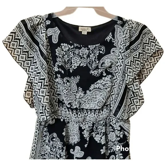 One World Dress Sz L Black White Flowy Paisley Blouson Sheath Tunic - Picture 5 of 8
